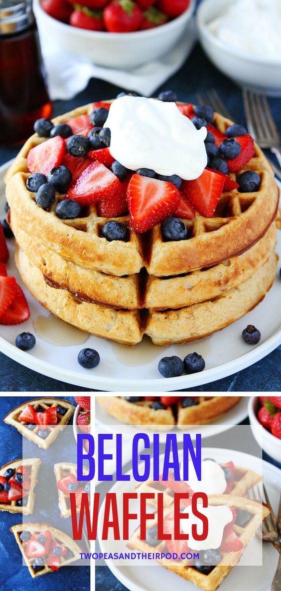 The BEST waffle recipe! Serve with whipped cream, strawberries, and pure maple syrup for a special breakfast treat. The waffles freeze beautifully, so make a double batch! #breakfast #waffles #fromscratch #breakfastrecipes #belgianwaffles Visit twopeasandtheirpod.com for more simple, fresh, and family friendly meals