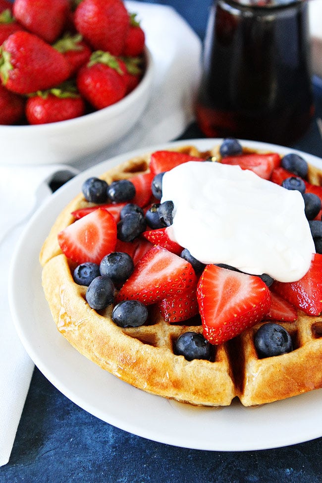Easy Belgian Waffle Recipe with strawberries and whipped cream