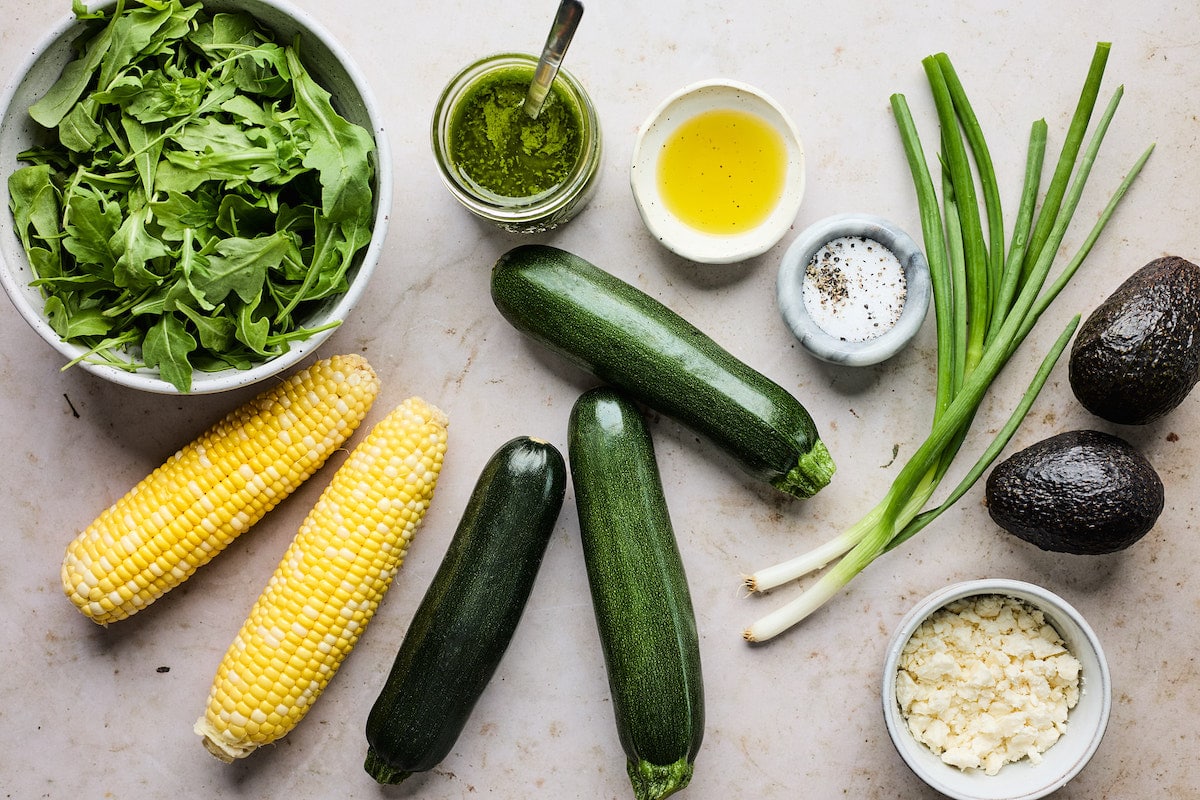 ingredients to make corn zucchini salad. 