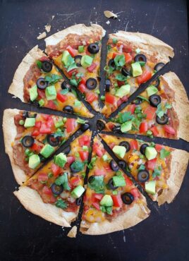 Tortilla Pizza with Enchilada Sauce and Mexican Inspired Toppings