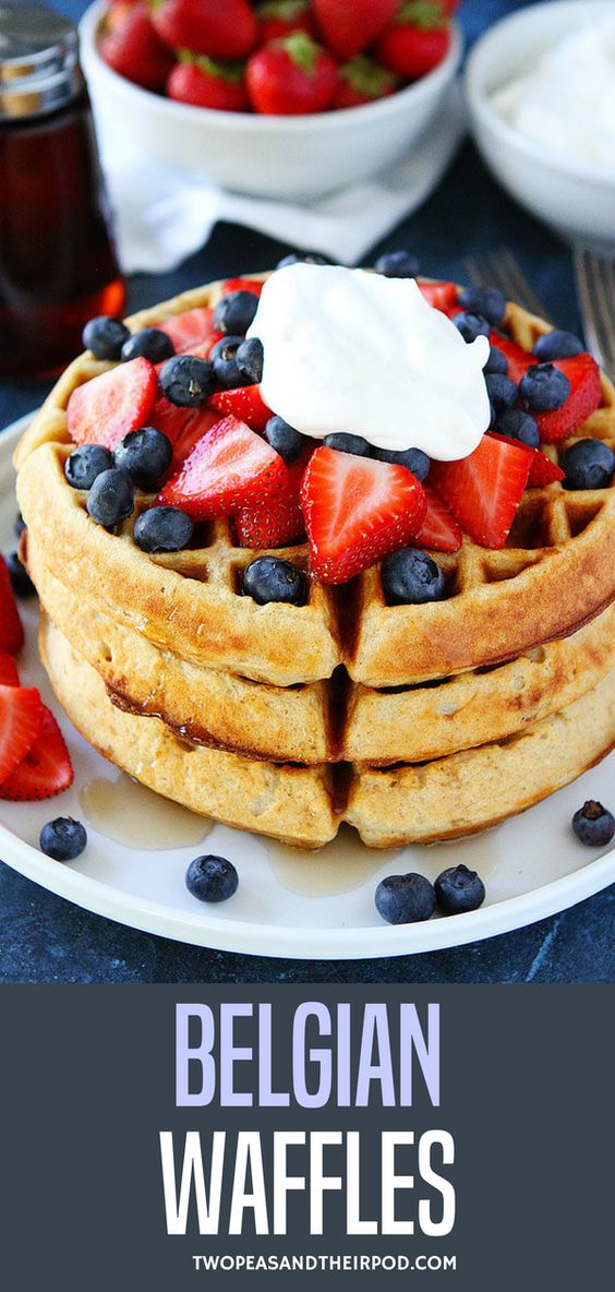 Easy to make homemade Belgian waffle recipe! Top with strawberries, blueberries, and whipped cream for the perfect festive breakfast. Enjoy! #easyrecipe #breakfast #homemade #waffles Visit twopeasandtheirpod.com for more simple, fresh, and family friendly meals.