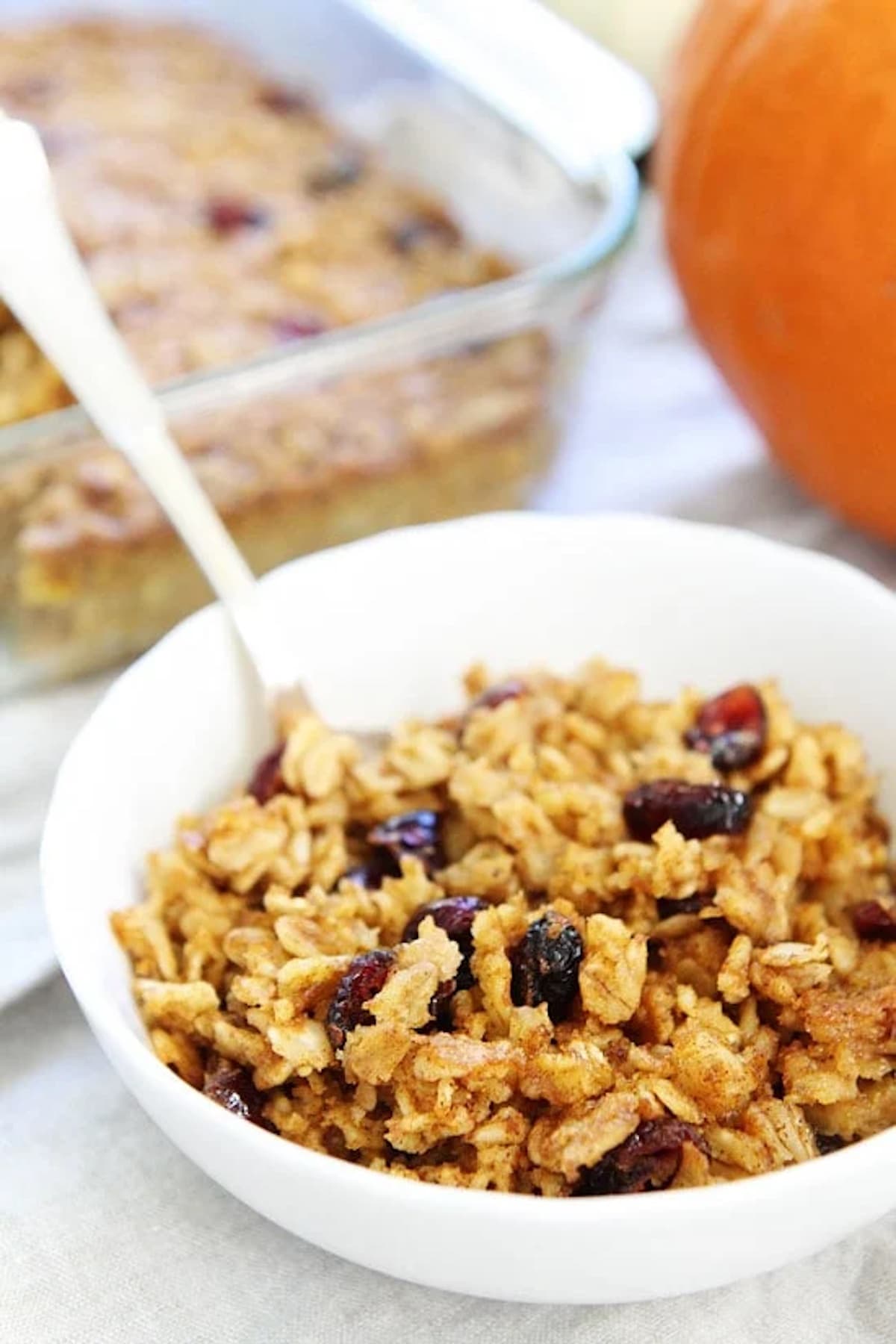 pumpkin baked oatmeal in bowl with dried cranberries. 