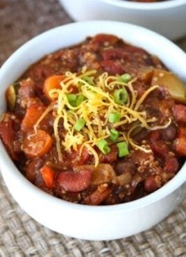 Vegetarian chili with protein-packed quinoa in serving bowl