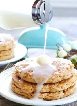 coconut pancakes drizzled with coconut pancake syrup