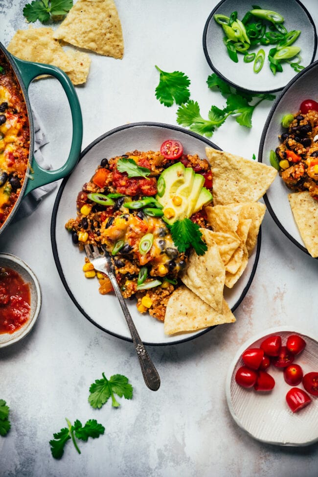vegetarian taco skillet on plate with chips 
